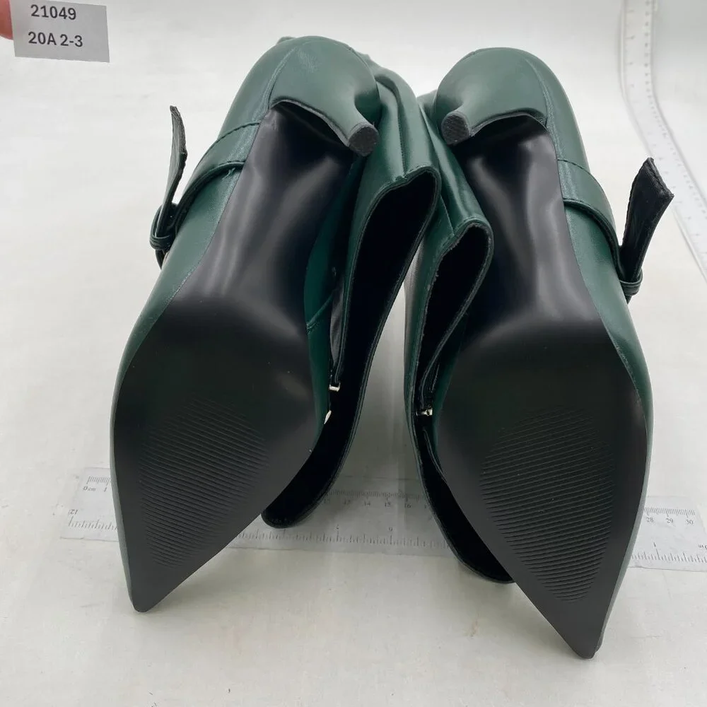 Green High Heel Knee High Boots Pointed Toe Ankle Buckle Side Zip Long Boots